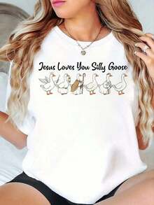 100% Cotton T-Shirt With Biblical Print "Christian Goose Walking By Faith, Constantly Stumbling", Women's Graphic T-Shirt, Casual Short Sleeve T-Shirt, Summer T-Shirt For Women - 白色 2 - 查看 1