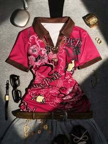 Blusa de cuello polo con estampado retro de los años 2000 para mujer, de estilo casual y a la moda, adecuada para uso diario, fiestas y festivales de música. - Multicolor 2 - Ver 1