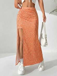 Falda larga con diseño floral pequeño y abertura en el dobladillo - Naranja - Ver 1