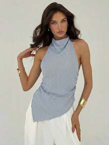 Blusa de mujer de unicolor con cuello halter, pliegues y bajo asimétrico - Azul y blanco - Ver 8