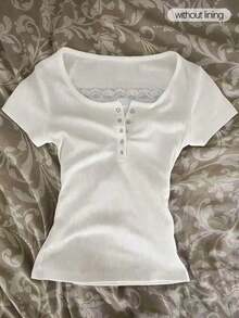 Camiseta de manga corta con cremallera frontal de 2 vías y adorno de encaje para mujer - Blanco - Ver 1