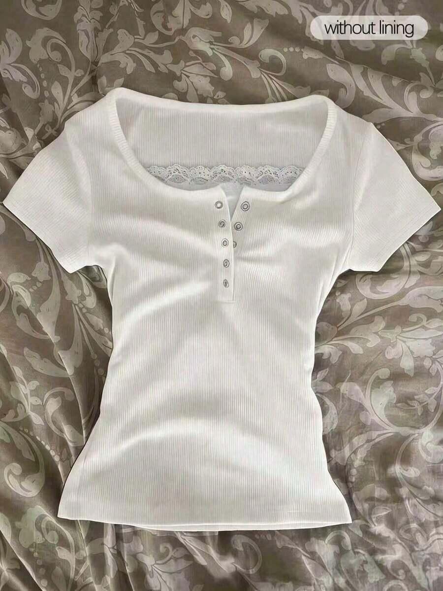 Camiseta de manga corta con cremallera frontal de 2 vías y adorno de encaje para mujer - Blanco - Ver 1