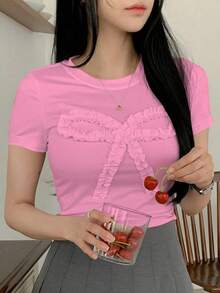 Camiseta casual de verano para mujer con volantes y decorativa con lazo, crop tops para mujer, camisetas gráficas - Rosa coral - Ver 6