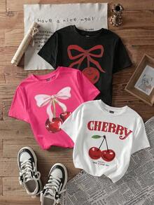 Set de 3 camisetas de manga corta de ajuste ceñido con estampado de cereza en estilo minimalista casual, adecuadas para el verano - Multicolor 2 - Ver 3