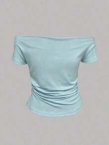 Camiseta negra sólida ajustada con hombros descubiertos y fruncidos, adecuada para el uso diario y el verano - Celeste - Ver 4