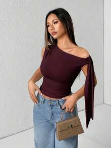 Top de hombro asimétrico con tirantes de atar de unicolor para mujer - Marrón Mocha - Ver 1