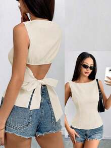 Camisa sin mangas con lazo en la espalda de unicolor, elegante, casual, sexy y minimalista para uso en la oficina y negocios para mujeres, primavera/verano - Albaricoque - Ver 9