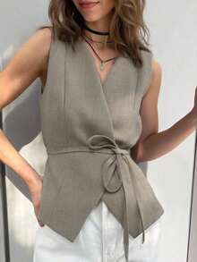 Camiseta de tirantes de diseño minimalista y unicolor para mujer - Caqui - Ver 2