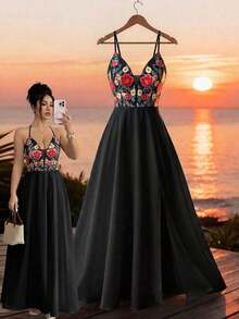 Vestido largo con abertura, escote en V, estampado floral, espalda elástica, diseño elegante y casual para uso diario, vacaciones y días festivos - Negro - Ver 12
