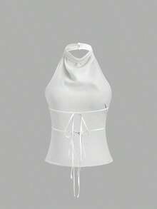 Camiseta sin espalda con lazo, de satén de unicolor, con drapeado halter elegante - Blanco - Ver 2