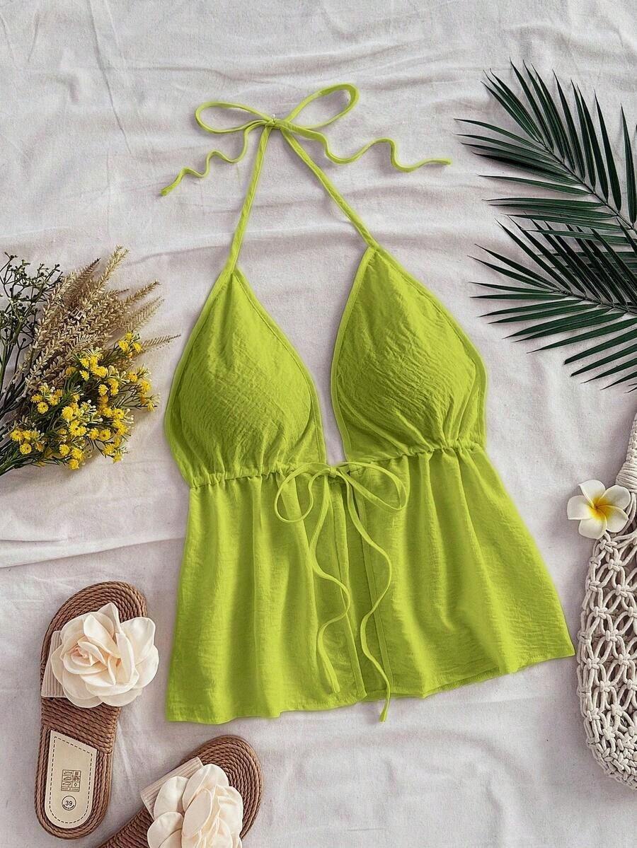 Blusa sin mangas con cuello halter y lazo en la espalda, adecuada para el verano - Verde - Ver 1