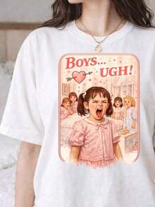 Boys Ugh Retro Comic T-Shirt,  Humor Graphic Tee, Fashionable Casual T-Shirt With Creative Print For Women, Short Sleeve, Round Neck, Spring And Summer T-Shirt, Women's Festive Celebration Shirt, Party Wear Top - 白色 - 查看 1