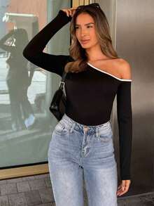 Camiseta casual de manga larga con cuello asimétrico para mujer, ideal para atuendos de primavera - Negro - Ver 4