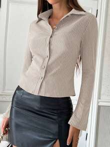 Camisa elegante de manga larga con rayas azules y blancas de corte slim para uso diario, estilo francés para mujeres - Albaricoque - Ver 6