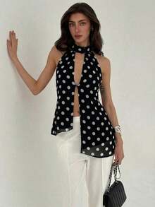 Top con cuello halter y espalda descubierta, asimétrico y sexy para mujer - Blanco y Negro - Ver 5