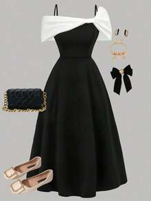 Vestido de fiesta para adolescentes, vestido entallado sin mangas con volantes y ribete de encaje en unicolor, vestidos de noche elegantes, apropiado para fiestas, citas, reuniones familiares importantes y diversos eventos, vuelta al colegio/estil - Blanco y Negro - Ver 1