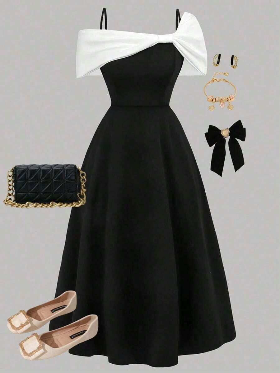 Vestido de fiesta para adolescentes, vestido entallado sin mangas con volantes y ribete de encaje en unicolor, vestidos de noche elegantes, apropiado para fiestas, citas, reuniones familiares importantes y diversos eventos, vuelta al colegio/estil - Blanco y Negro - Ver 1