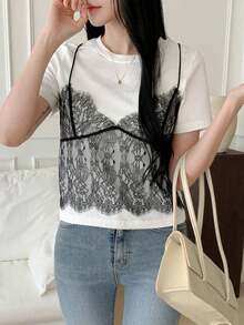 Camiseta casual de mujer de manga corta con cuello redondo de encaje en contraste para el verano - Blanco - Ver 6