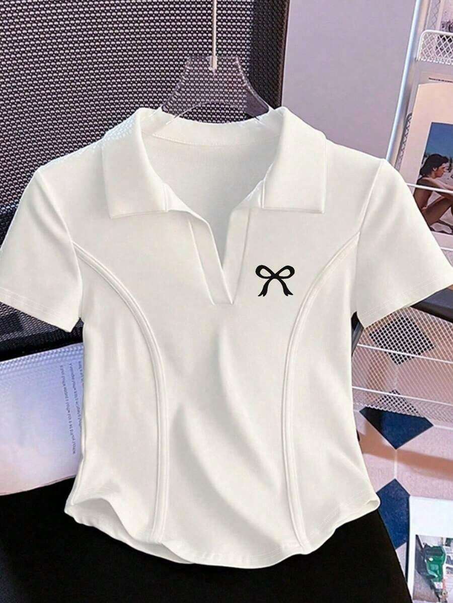 Camiseta de mujer casual de manga corta con cuello polo, estampado de caballero a rayas y contraste de color - Blanco 3 - Ver 1