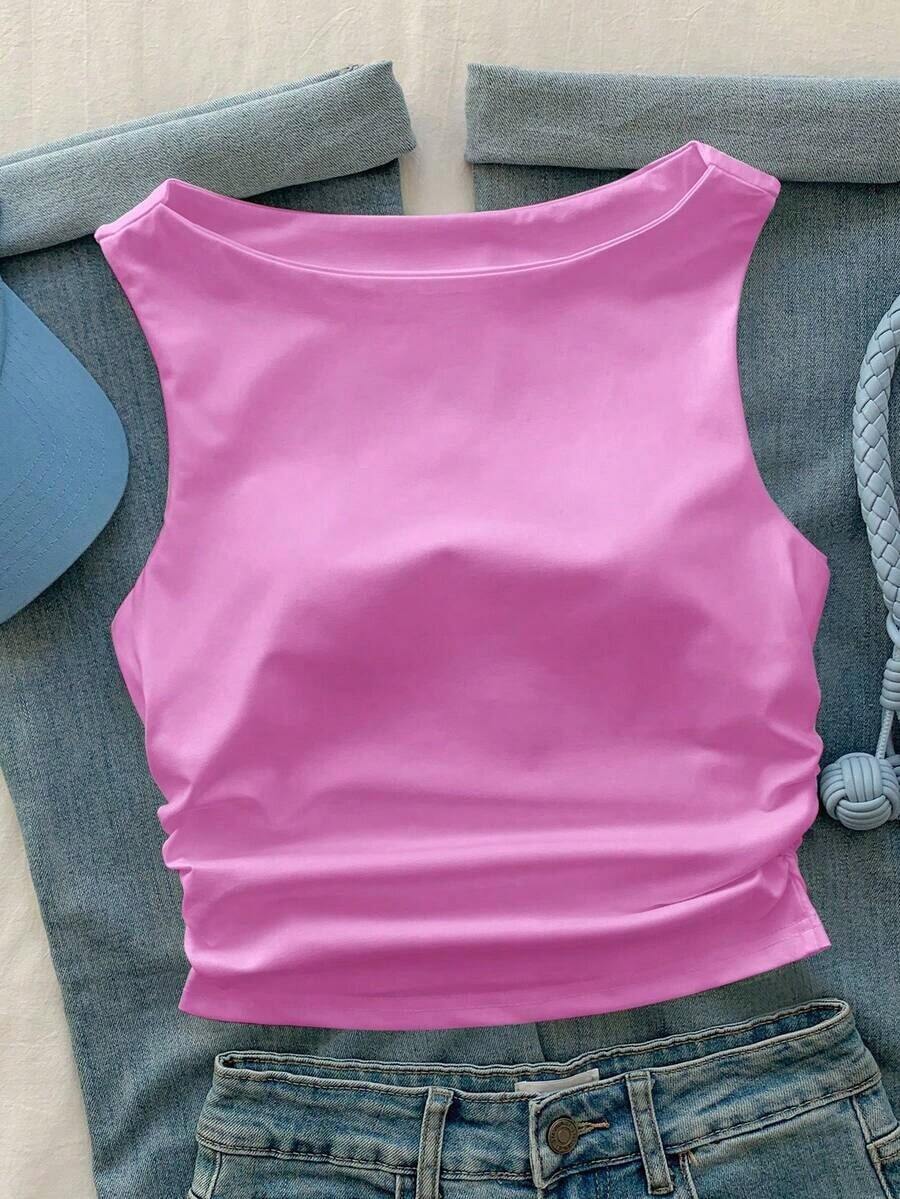 Camiseta acolchada simple de verano/primavera de color sólido - Rosa - Ver 1