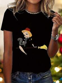 Y2K Women's Elegant Style T-Shirt With Witch Print, Short Sleeve, Round Neck, Casual Top For All Seasons | Fashionable Casual Wear |  Letter Print - 黑色 - 查看 12