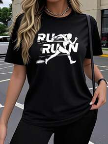 A Women's Short-Sleeved T-Shirt In A Single Pack, Featuring A Creative RUN Design And  Cartoon Letter Prints. This Breathable, Stretchy Crew Neck Top Is Perfect For Comfortable Outdoor Wear In Spring And Summer. - Black - View 1