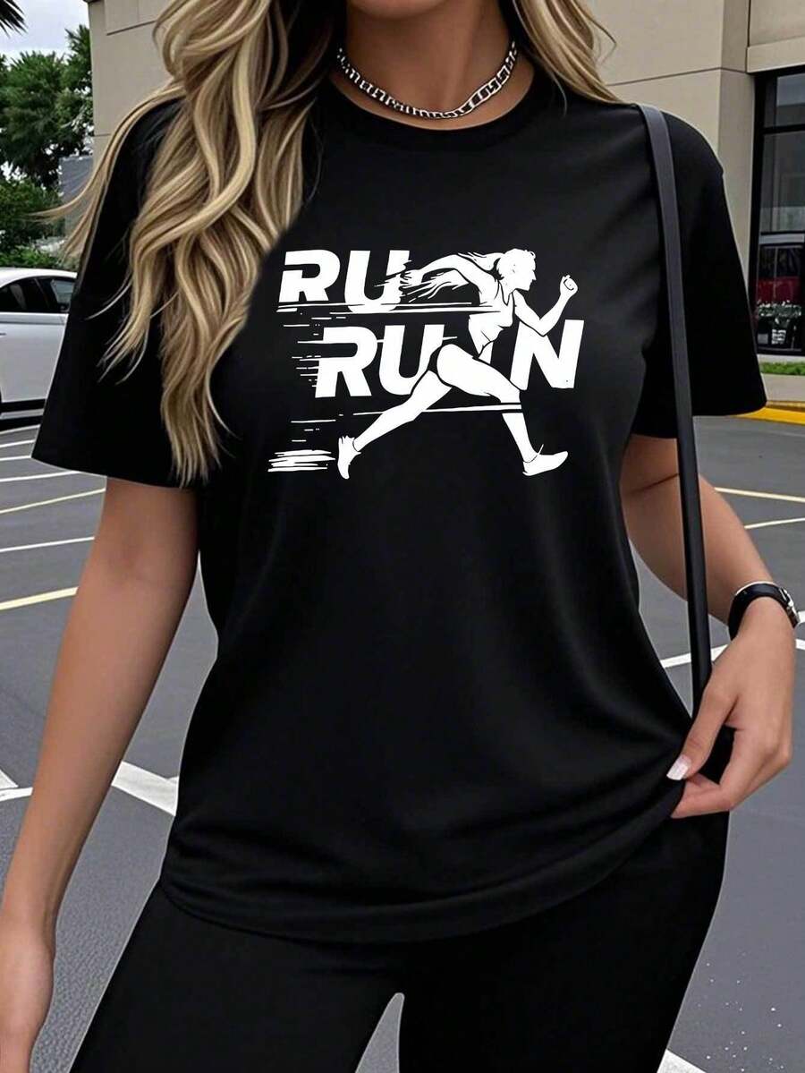 A Women's Short-Sleeved T-Shirt In A Single Pack, Featuring A Creative RUN Design And  Cartoon Letter Prints. This Breathable, Stretchy Crew Neck Top Is Perfect For Comfortable Outdoor Wear In Spring And Summer. - Black - View 1