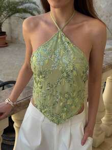Top halter con espalda descubierta y lentejuelas sexy para mujer, atuendos de verano, ropa de verano, atuendos de playa para mujer, atuendos de vacaciones, atuendos bohemios tropicales de vacaciones, ropa de mujer, atuendos de concierto, atuendos de rave de mujer, atuendos de festival, atuendos de concierto country, atuendos de Ibiza, atuendos de Nashville, ropa occidental para mujer, ropa occidental bohemia, streetwear tropical, gyaru occidental, tops de verano lindos - Verde - Ver 4