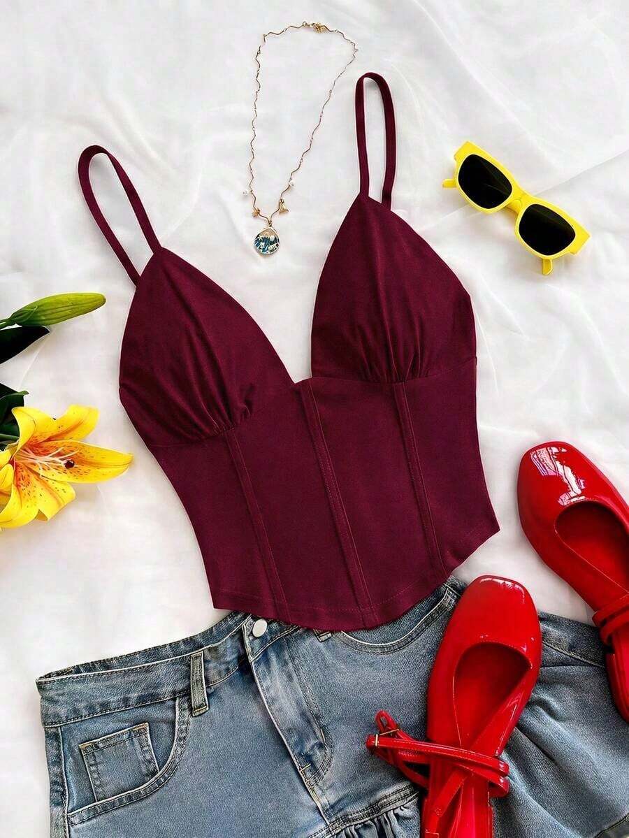 Camiseta sin mangas de punto rojo con escote en V y espalda cruzada, adecuada para citas, estilo bohemio, vacaciones, otoño, ropa de mujer, vintage, días festivos - Burdeos - Ver 1