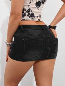 Minifalda vaquera con bolsillos y cremallera, de uso casual y para el diario, de moda - Gris Oscuro - Ver 2