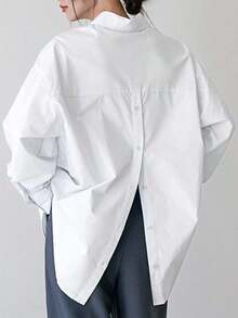 -Less Camisa de mujer de manga larga de un solo pecho, de unicolor, de hombros caídos, para uso casual y de negocios - Beis - Ver 5