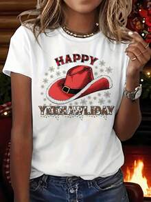 Camiseta de Mujer con Estampado Navideño de Vaquero del Oeste "Yeehaw Day" |     Sombrero de vaquero rojo y estampado "Yeehaw", camiseta casual de manga corta con cuello redondo, atuendo festivo, diseño divertido, tela duradera, ideal para compras navideñas. - Blanco - Ver 1
