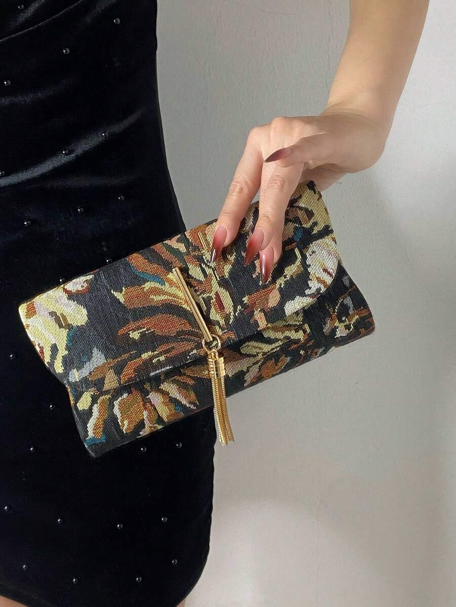 春夏新款女式刺繡印花手拿包，流蘇裝飾，奢華刺繡復古風，適合日常、派對、宴會、生日、婚禮，輕便手提包，百搭復古魅力，追求優雅個性化女性的理想選擇，適用於任何場合，優雅奢華女士包