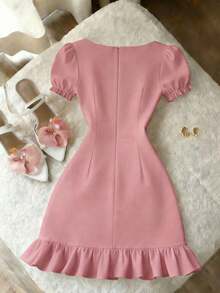 Vestido casual de línea A de manga corta con cuello cuadrado y perlas, unicolor elegante, adecuado para invitados, banquetes, cumpleaños, fiestas, verano/otoño, citas, ir al trabajo, estilo callejero, color albaricoque - Rosa - Ver 2