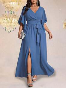 Vestido maxi elegante de fiesta con abertura, cuello en V ajustado, mangas acampanadas y cintura fruncida, talla grande para mujer - Niebla azul - Ver 7
