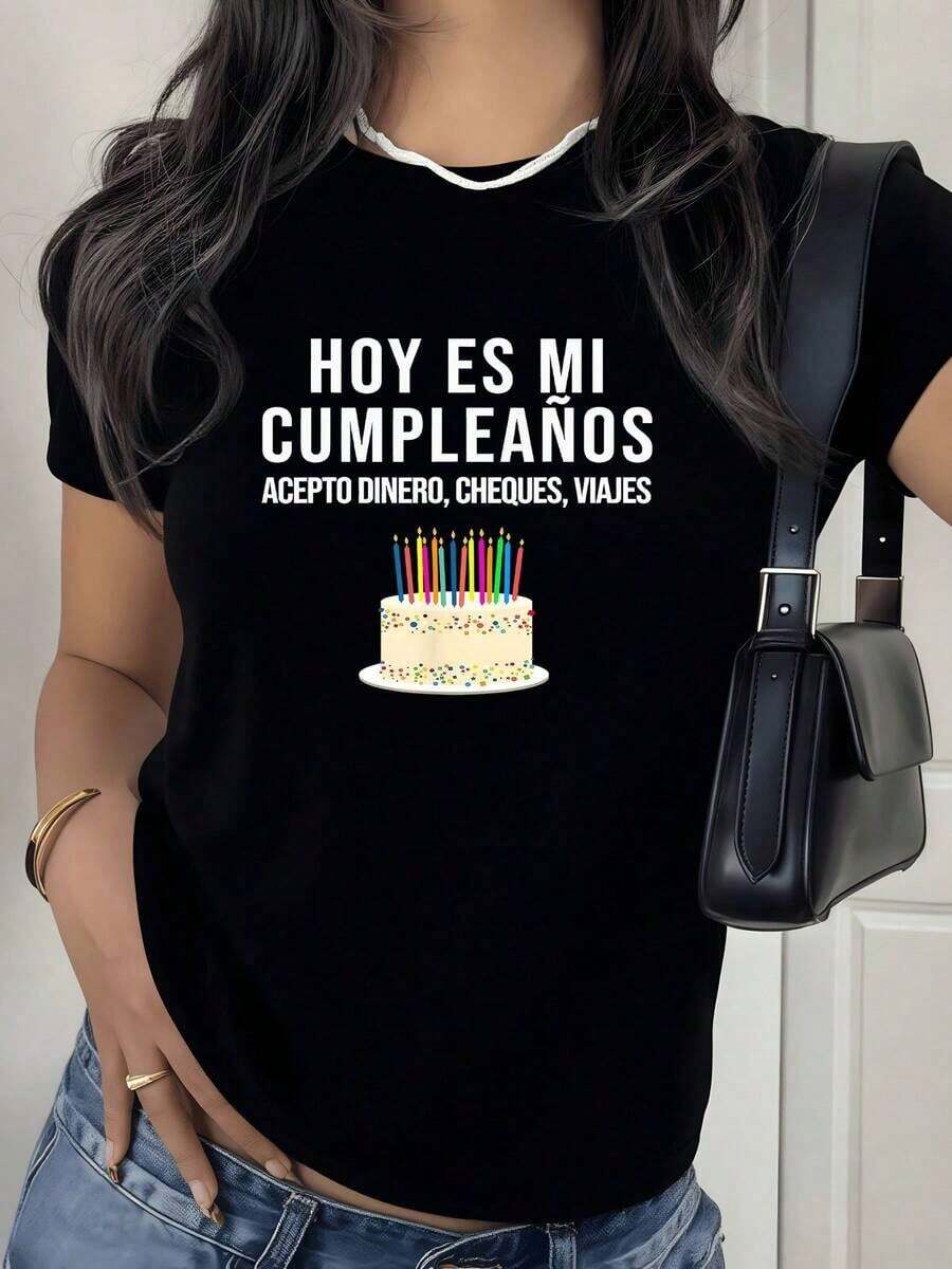 1 Pieza de Camiseta Casual de Moda para Hombres y Mujeres, Estampada con la frase divertida "Hoy es mi cumpleaños, acepto dinero, cheques, viajes y pasteles coloridos". Camiseta de mujer 100% algodón. Versátil, fácil de combinar, para uso diario, estilo urbano, ropa de vacaciones, ropa de fin de semana. - Negro - Ver 1