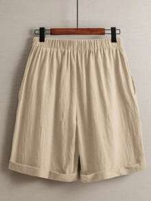 Pantalones de lino minimalistas casuales de unicolor para mujer, talla pequeña - Caqui - Ver 2