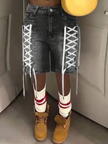Women's Mid-Waist Elastic Denim Shorts, Unique Drawstring Design, Suitable For Daily Wear - Black - View 2