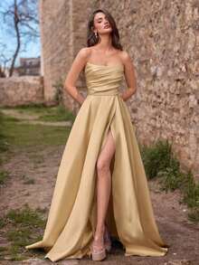 Vestido de noche elegante de mujer con fruncidos y abertura alta - Vestido formal de primavera/verano, adecuado para bodas, galas, alfombras rojas, fiestas, invitados de boda, fiesta de vacaciones de verano - Champán - Ver 7
