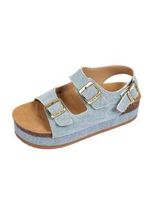 Giày sandal nữ điều chỉnh được kiểu đan rơm, quai đôi có khóa cài phía sau, hở mũi, đế dày, giày casual mùa hè, sandal đế dày, kiểu dáng đi nghỉ mát. - Sọc xanh - Xem 5