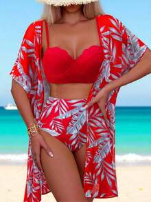 Swim Lushoire Tankini con estampado de plantas - Rojo - Ver 1