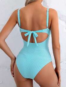Traje de baño de una pieza sexy para mujer con rayas, encaje cruzado en la espalda - Azul menta - Ver 2
