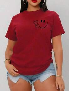 Women's Oversized Red Summer T-Shirt With  Face And Peace Sign Print. Casual Red Short-Sleeved T-Shirt With  Face, Ideal For Cool Summer Looks. - YH463-紅色 - 查看 1