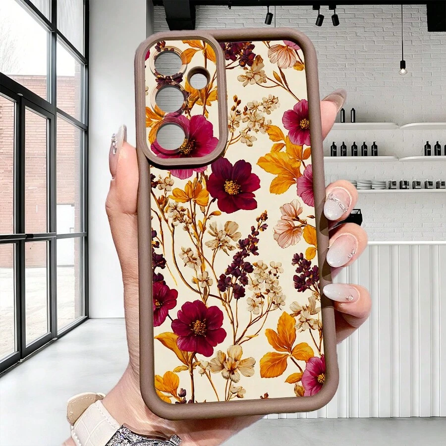 1 Stück Vintage Blumen Muster Augen-förmige Sandstein Handyhülle, geeignet für Android Smartphones GalaxyS26Ultra S25Ultra S24Ultra S23Ultra A57/A37/A14/A15/A52/A53/A54/A55/ Note 13/Note 14Pro/HONOR, Sturzsicher, Fingerabdruck-resistent, Stoßfest - Braun - Übersicht 1
