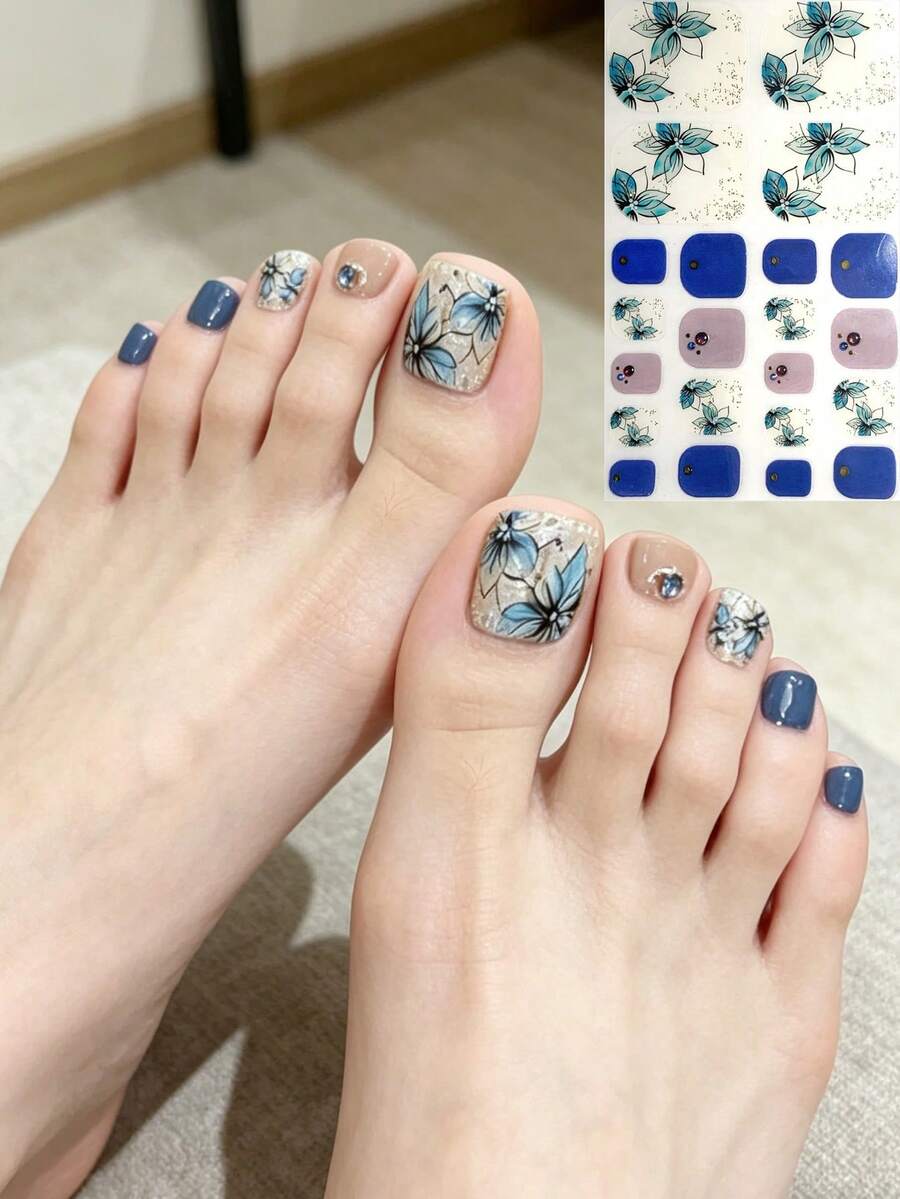 Summer Floral Graffiti Bestselling Flower & Plant Pattern Crystal 3D Design 22pcs Foot Nail Art Stickers Fake Nails - Multicolor - View 1