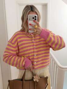 Women's Pink And Yellow Striped Knit Cardigan, Button Front, Long Sleeve, Medium Stretch - Pink - View 1