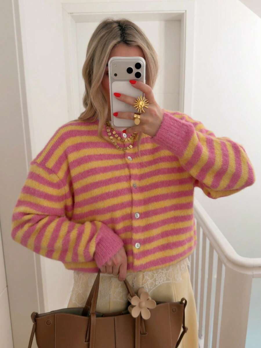 Women's Pink And Yellow Striped Knit Cardigan, Button Front, Long Sleeve, Medium Stretch - Pink - View 1