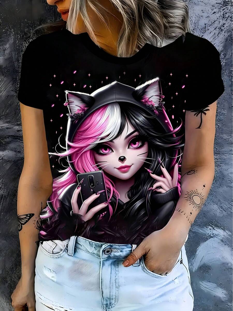 Camiseta de Mujer de Moda Anime Ángel Lindo , Estampado 3D, Manga Corta, Cuello Redondo, Casual, Vintage, Fábrica Directa, Ropa de Mujer, Blusa Holgada, Recomendada para Todas las Estaciones - Negro - Ver 1