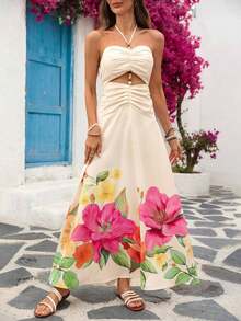 Vestido de gasa con estampado para primavera y verano con cuello de halter para mujeres - Multicolor 3 - Ver 10
