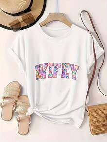 Women's Vintage Style Short Sleeve Casual T-Shirt - Colorful Leopard Print Design With "Wifey" Lettering, Round Neck, Summer Top, Machine Washable, Ladies' T-Shirts, Casual Wear, Modern Style, Comfortable Fit

-WhiteFashion - 白色 - 查看 2